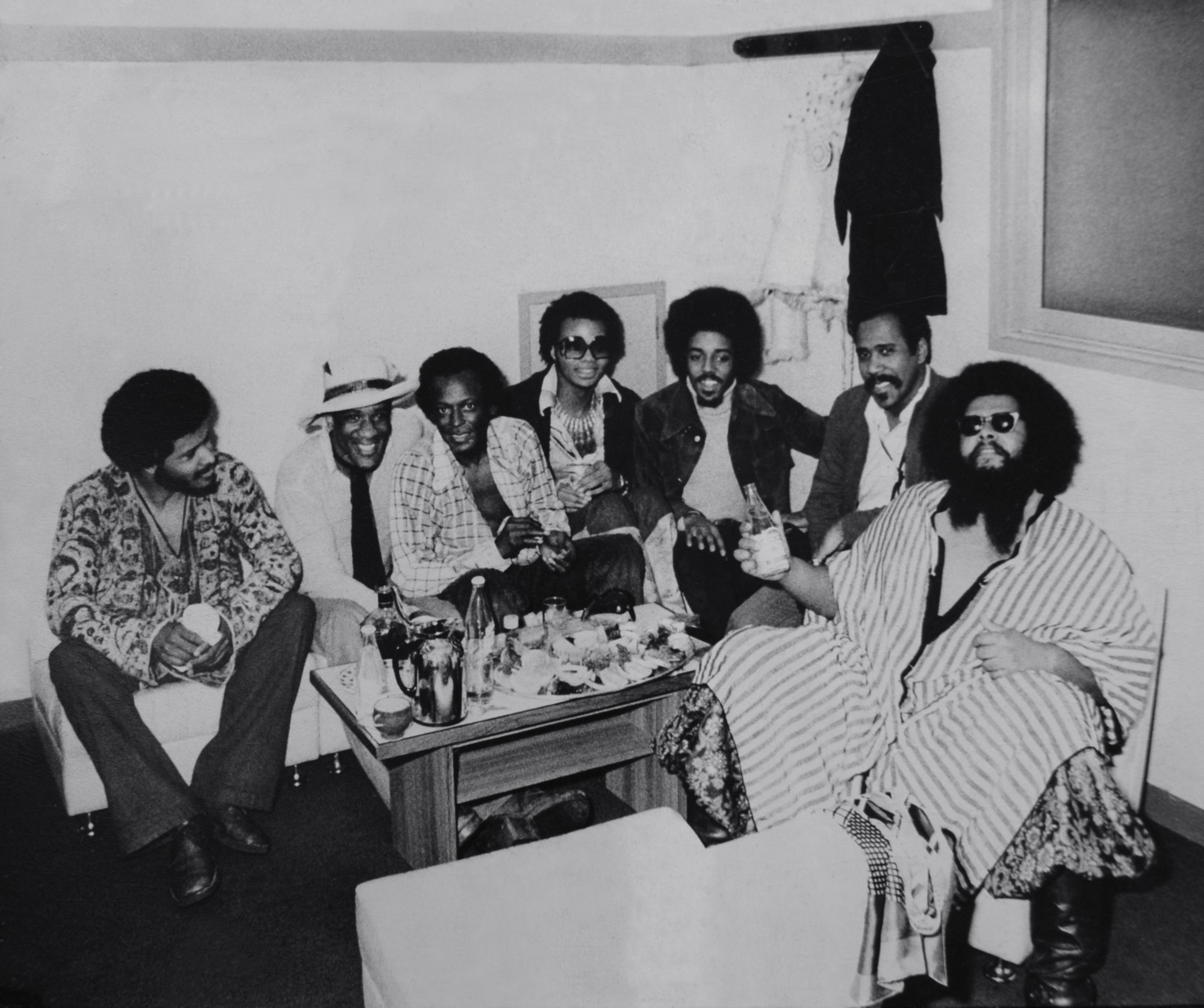 Mtume, Al Foster, Miles Davis, Michael Henderson, Reggie Lucas, Sonny Fortune, and Pete Cosey backstage in Tokyo, 1973. Photo courtesy of Michael Henderson.